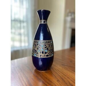 Vintage Cobalt Blue Ceramic Vase Pierced Band Boho Decor